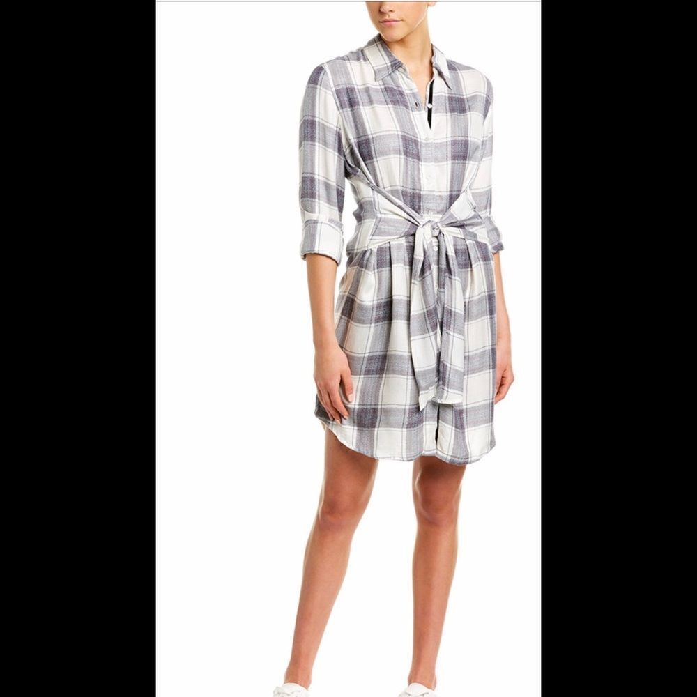 NWT Metallic Plaid Tie Waist Shirtdress In Grey